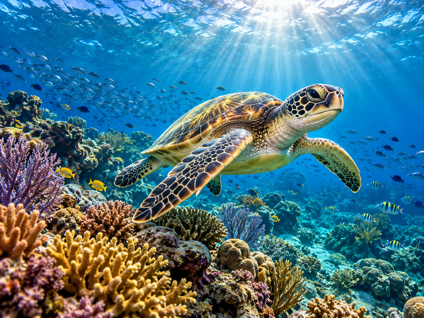 Tortuga marina nadando sobre un arrecife
